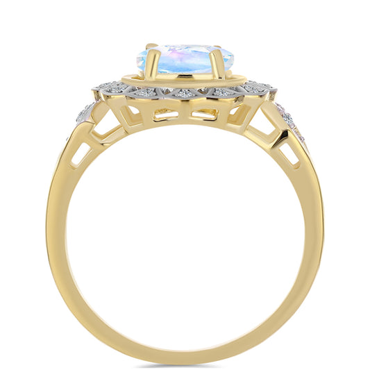 Anillo de Plata Bañada en Oro con Piedra Lunar Arco Iris y Topacio Blanco