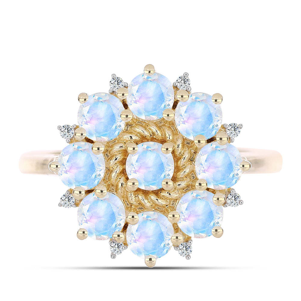 Anillo de Plata Bañada en Oro con Piedra Lunar Arco Iris y Topacio Blanco 1 
