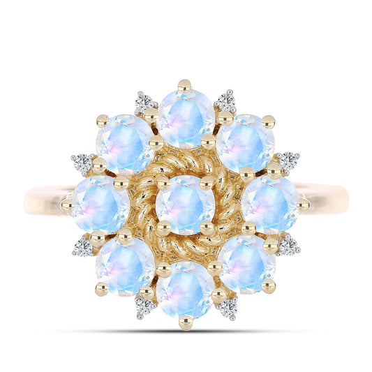 Anillo de Plata Bañada en Oro con Piedra Lunar Arco Iris y Topacio Blanco