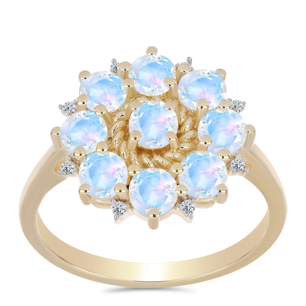 Anillo de Plata Bañada en Oro con Piedra Lunar Arco Iris y Topacio Blanco 3 