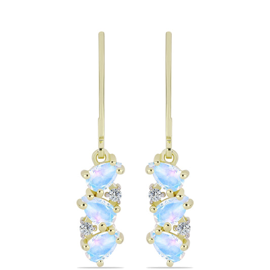 Pendientes de Plata Bañada en Oro con Piedra Lunar Arco Iris y Topacio Blanco