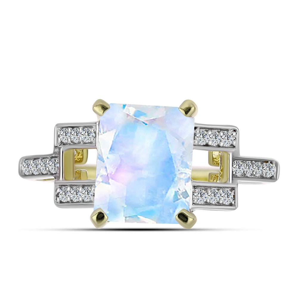 Anillo de Plata Bañada en Oro con Piedra Lunar Arco Iris y Topacio Blanco 1 