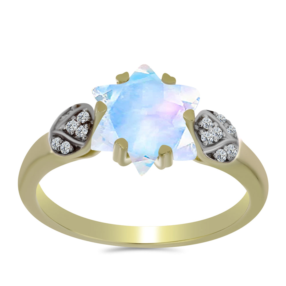 Anillo de Plata Bañada en Oro con Piedra Lunar Arco Iris y Topacio Blanco 3 