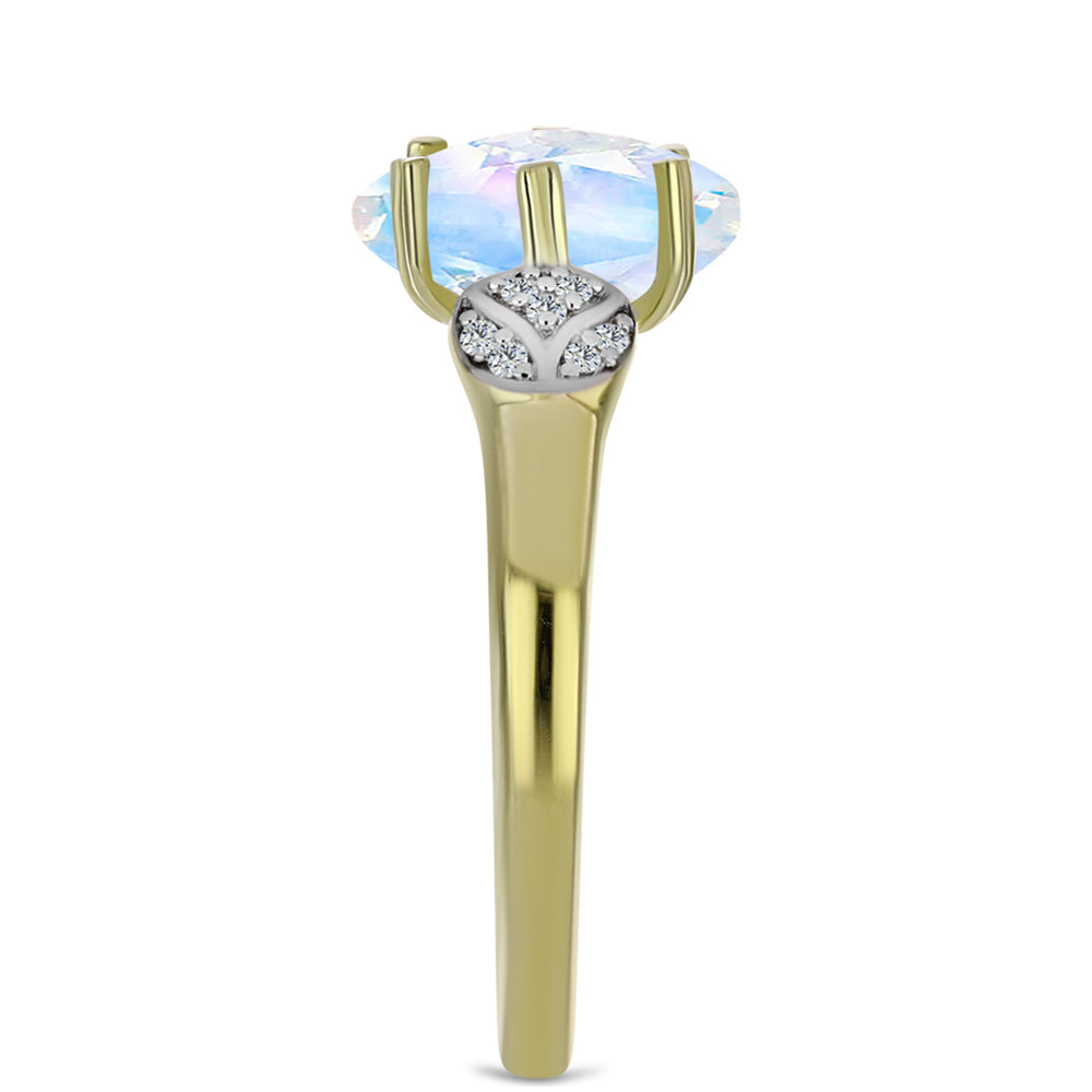 Anillo de Plata Bañada en Oro con Piedra Lunar Arco Iris y Topacio Blanco