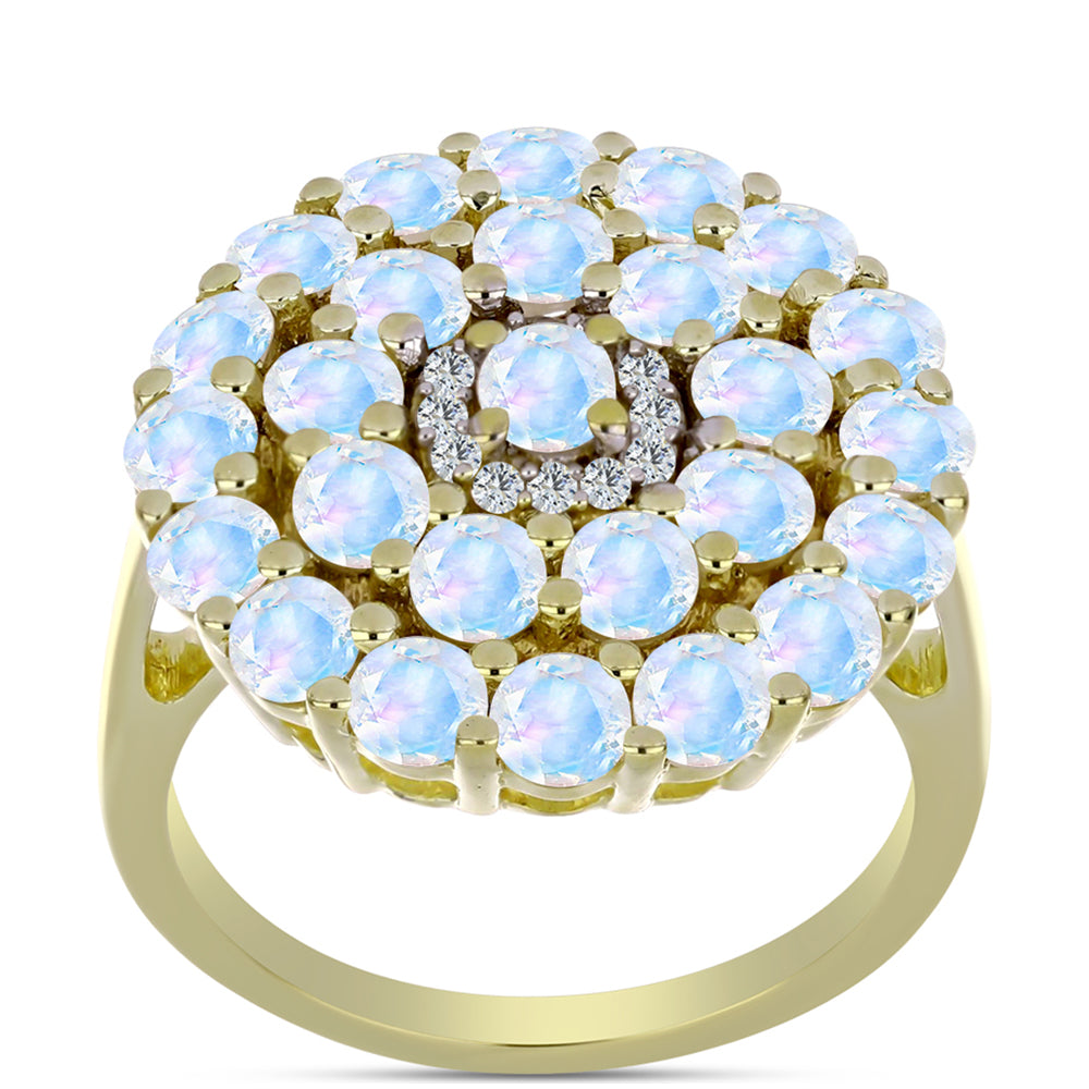 Anillo de Plata Bañada en Oro con Piedra Lunar Arco Iris y Topacio Blanco