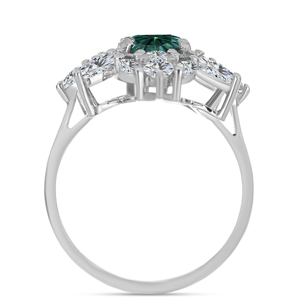 Anillo de Plata con Moissanita azul mar verdosa y Topacio Blanco 2 
