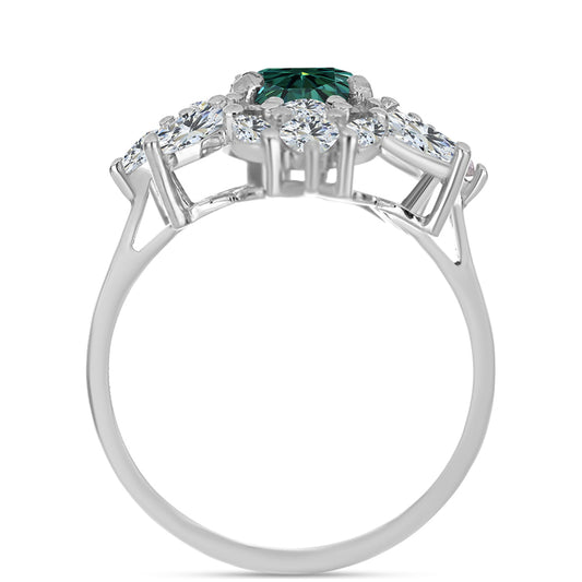 Anillo de Plata con Moissanita azul mar verdosa y Topacio Blanco