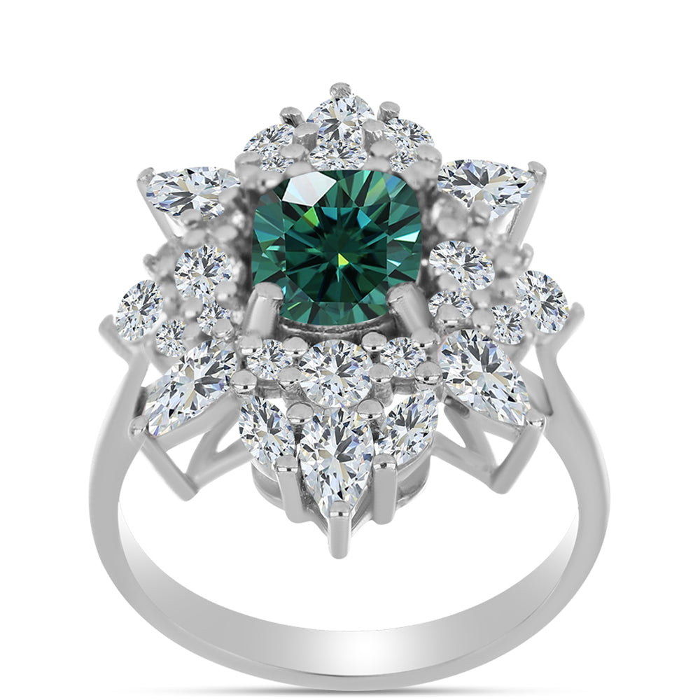 Anillo de Plata con Moissanita azul mar verdosa y Topacio Blanco 3 