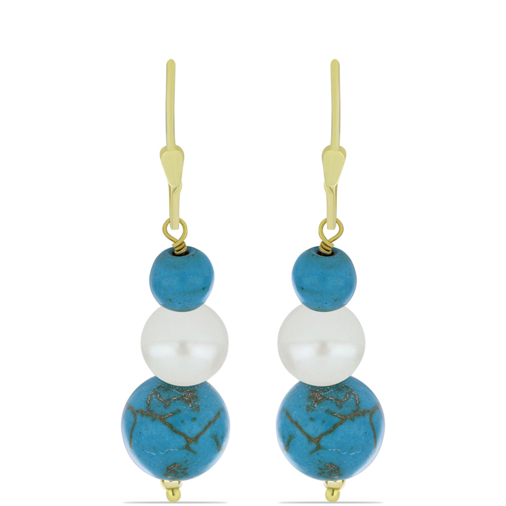 Pendientes de Plata Bañada en Oro con Turquesa Bella Durmiente y Perla blanca de agua dulce 1 