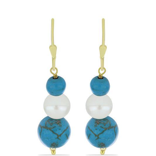 Pendientes de Plata Bañada en Oro con Turquesa Bella Durmiente y Perla blanca de agua dulce