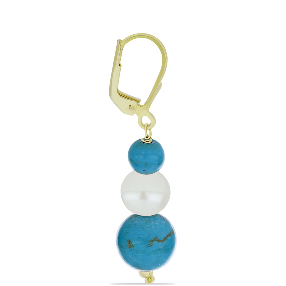 Pendientes de Plata Bañada en Oro con Turquesa Bella Durmiente y Perla blanca de agua dulce 2 