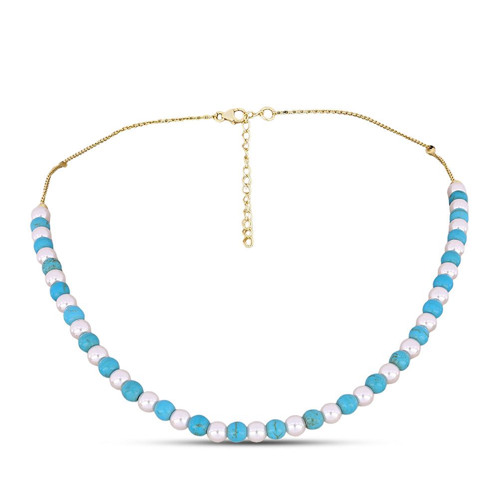 Collar de Plata Bañada en Oro con Turquesa Bella Durmiente y Perla blanca de agua dulce 1 
