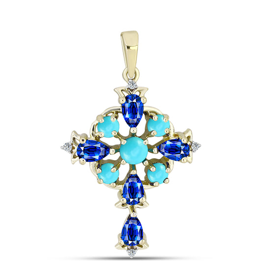 Cruz Colgante de Plata Bañada en Oro con Turquesa Bella Durmiente y Zafiro azul Australiano