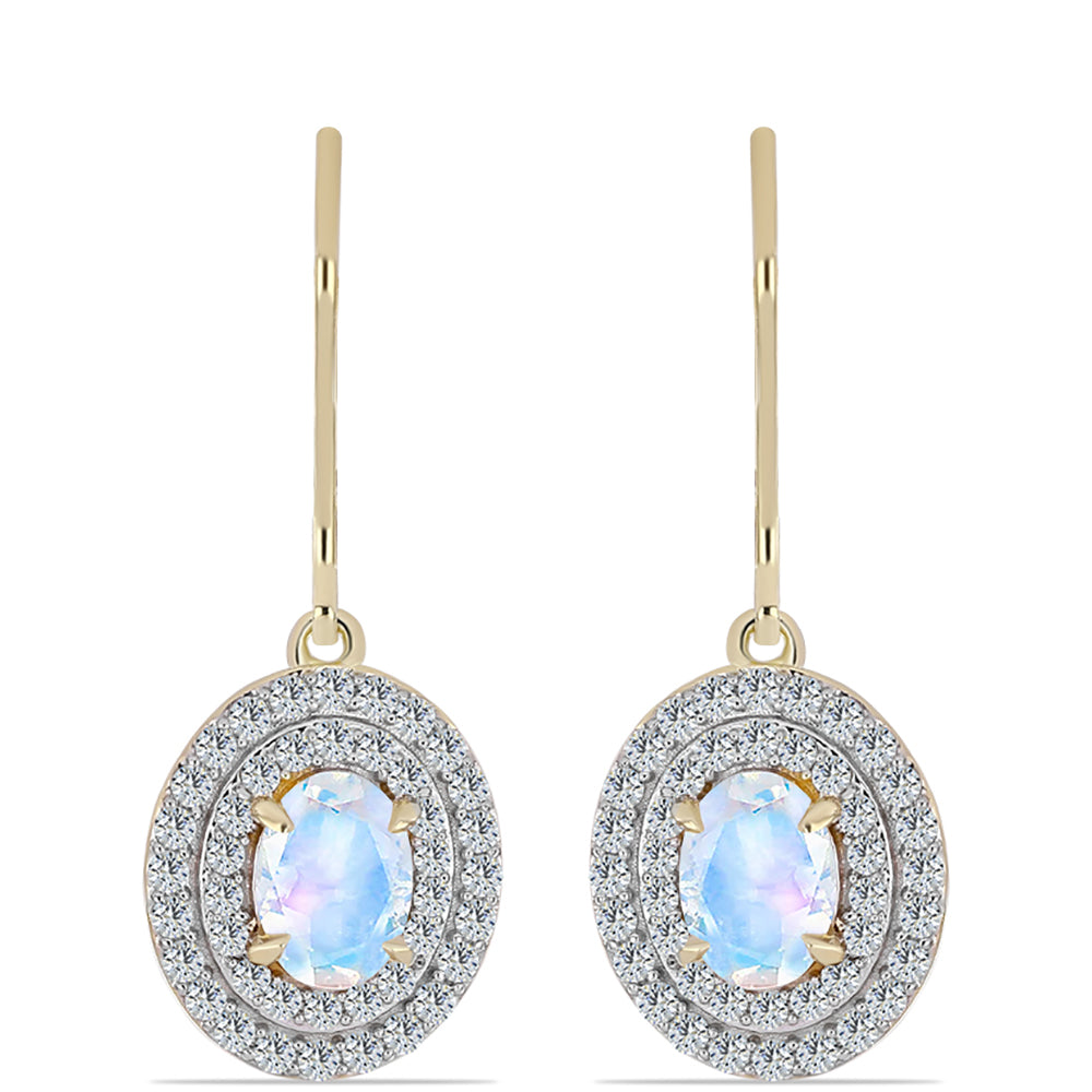 Pendientes de Plata Bañada en Oro con Piedra Lunar Arco Iris y Topacio Blanco 1 