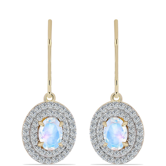 Pendientes de Plata Bañada en Oro con Piedra Lunar Arco Iris y Topacio Blanco