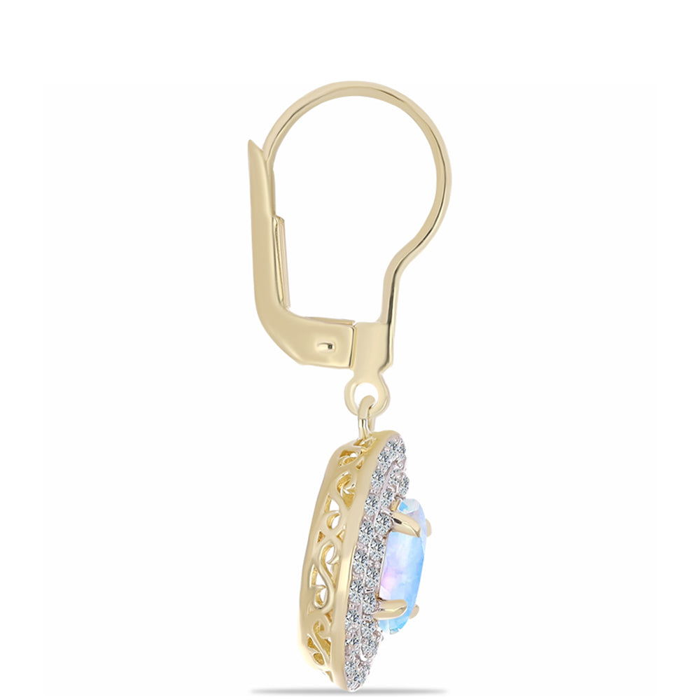 Pendientes de Plata Bañada en Oro con Piedra Lunar Arco Iris y Topacio Blanco 2 