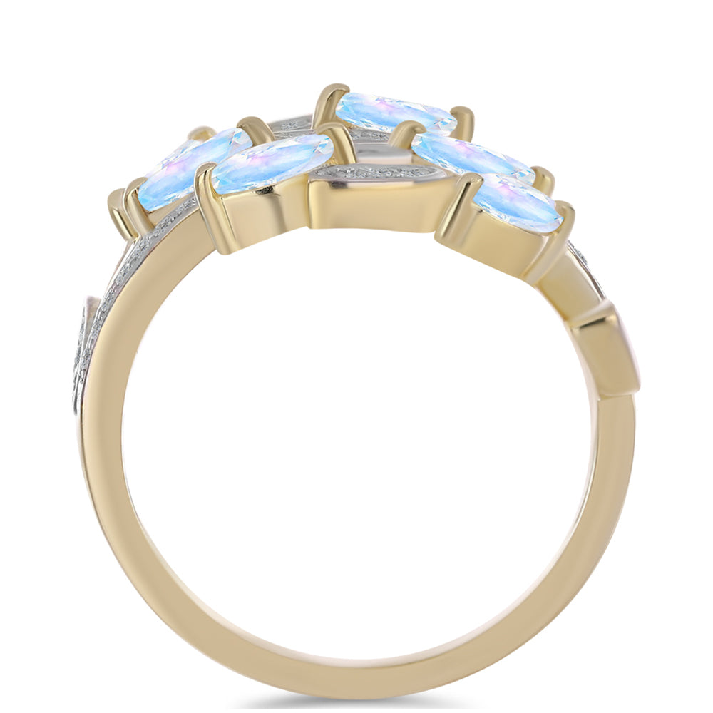 Anillo de Plata Bañada en Oro con Piedra Lunar Arco Iris y Topacio Blanco 2 