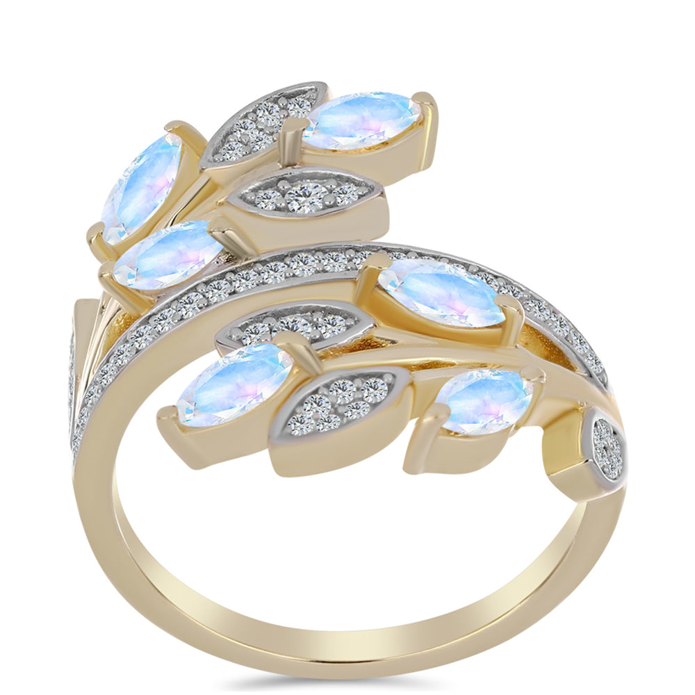 Anillo de Plata Bañada en Oro con Piedra Lunar Arco Iris y Topacio Blanco