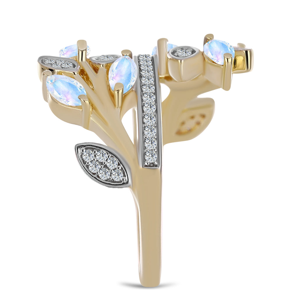 Anillo de Plata Bañada en Oro con Piedra Lunar Arco Iris y Topacio Blanco 4 