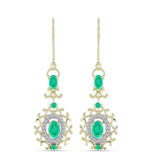 Pendientes de Plata Bañada en Oro con Esmeralda de Colombia y Diamante blanco