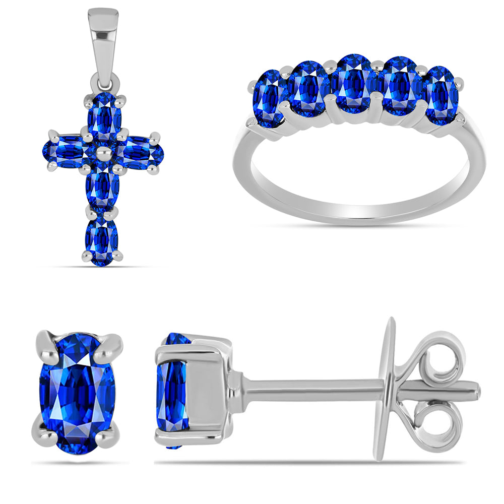 Cruz Conjunto de Plata con Zafiro Azul Australiano ( Pendientes +Anillo +Colgante ) 1 