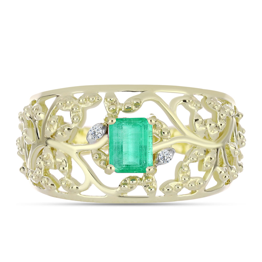 Anillo de Plata Bañada en Oro con Esmeralda de Colombia y Diamante blanco 1 