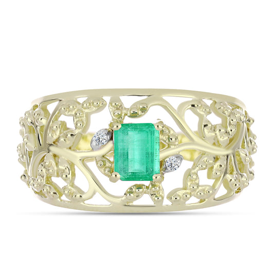 Anillo de Plata Bañada en Oro con Esmeralda de Colombia y Diamante blanco