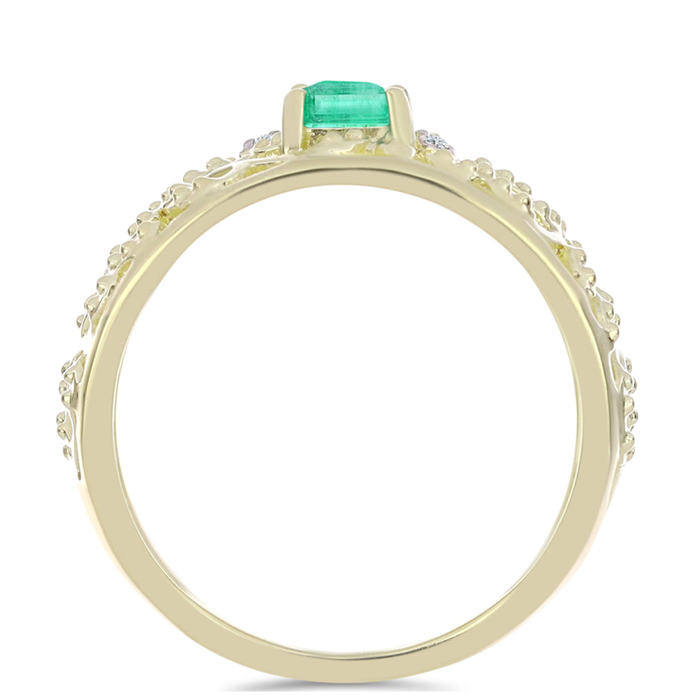 Anillo de Plata Bañada en Oro con Esmeralda de Colombia y Diamante blanco