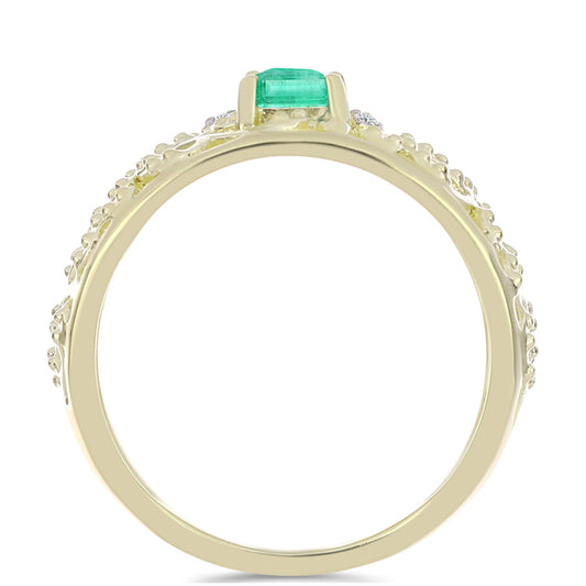 Anillo de Plata Bañada en Oro con Esmeralda de Colombia y Diamante blanco