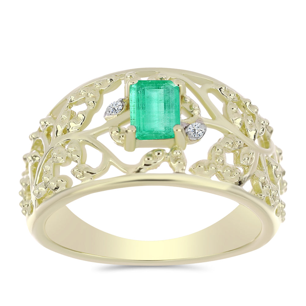 Anillo de Plata Bañada en Oro con Esmeralda de Colombia y Diamante blanco 3 