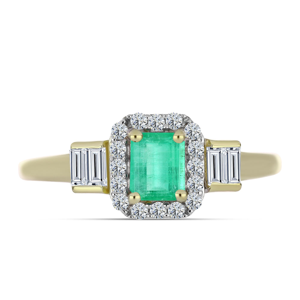 Anillo de Plata Bañada en Oro con Esmeralda de Colombia y Diamante blanco
