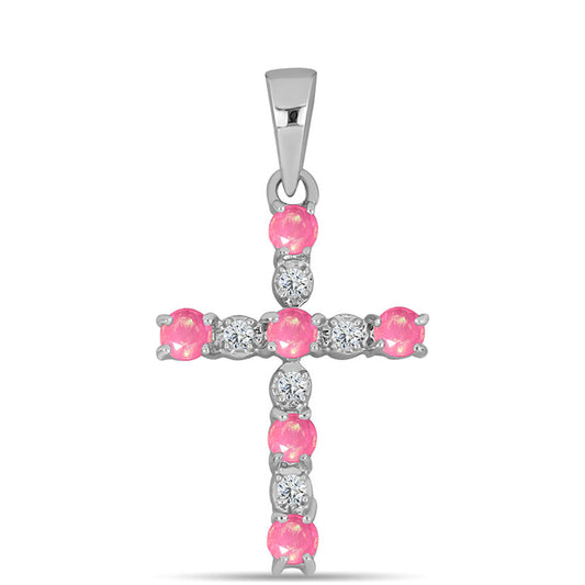Cruz Colgante de Plata con Ópalo Rosa de Lega Dembi y Topacio Blanco