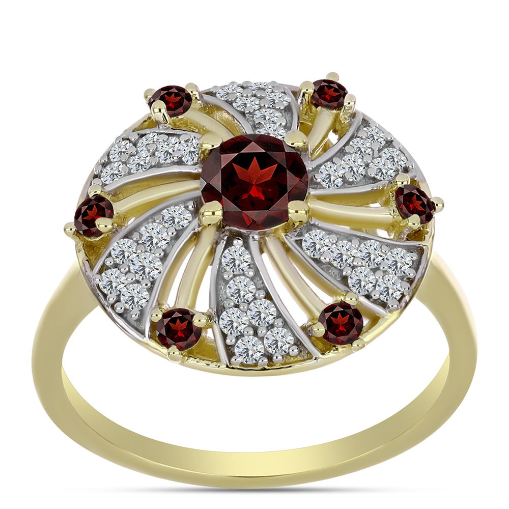 Anillo de Plata Bañada en Oro con Granate Barton y Topacio Blanco