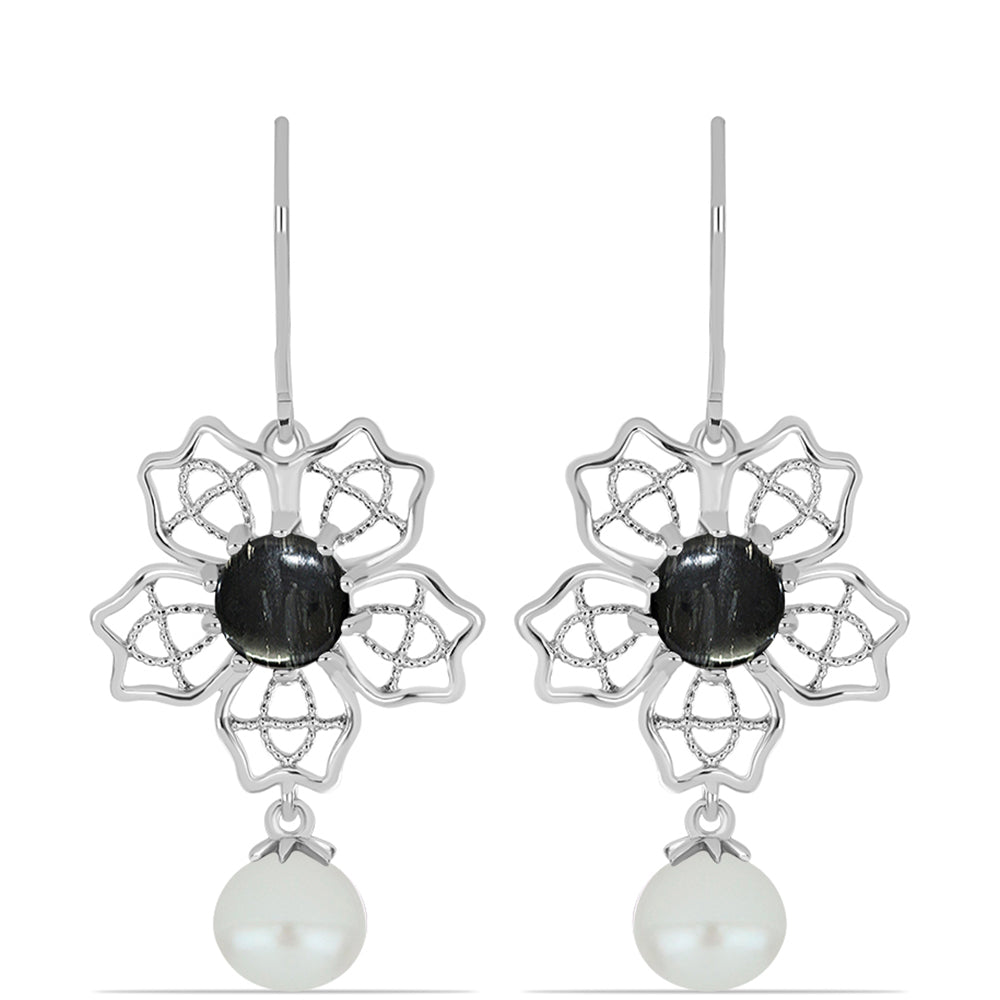 Pendientes de Plata con Jaspe Picasso y Perla blanca de agua dulce