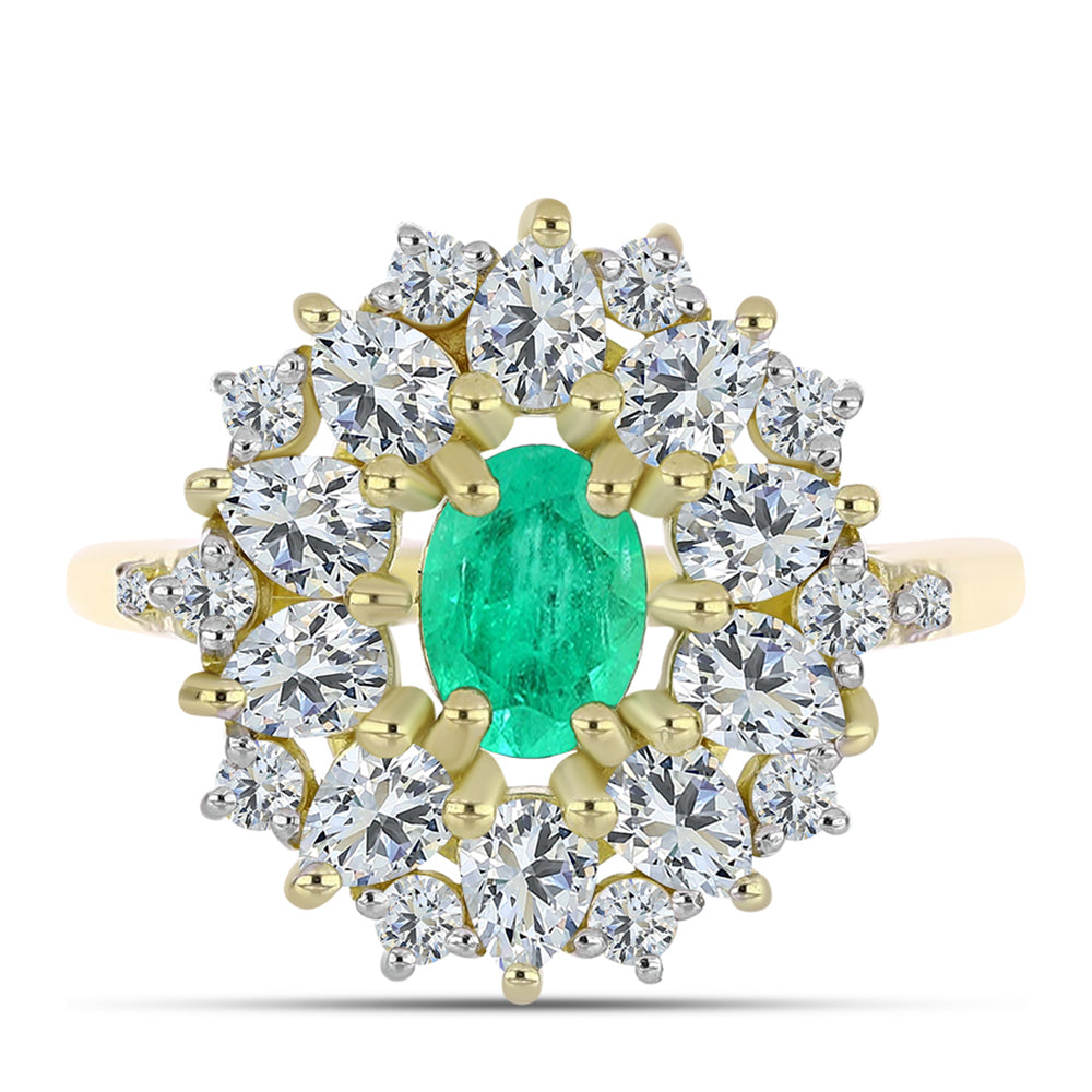 Anillo de Plata Bañada en Oro con Esmeralda de Colombia y Diamante blanco