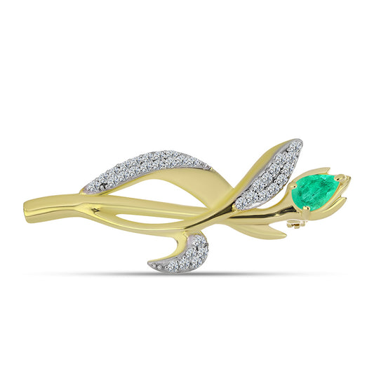 Broche de Plata Bañada en Oro con Esmeralda de Colombia y Diamante blanco