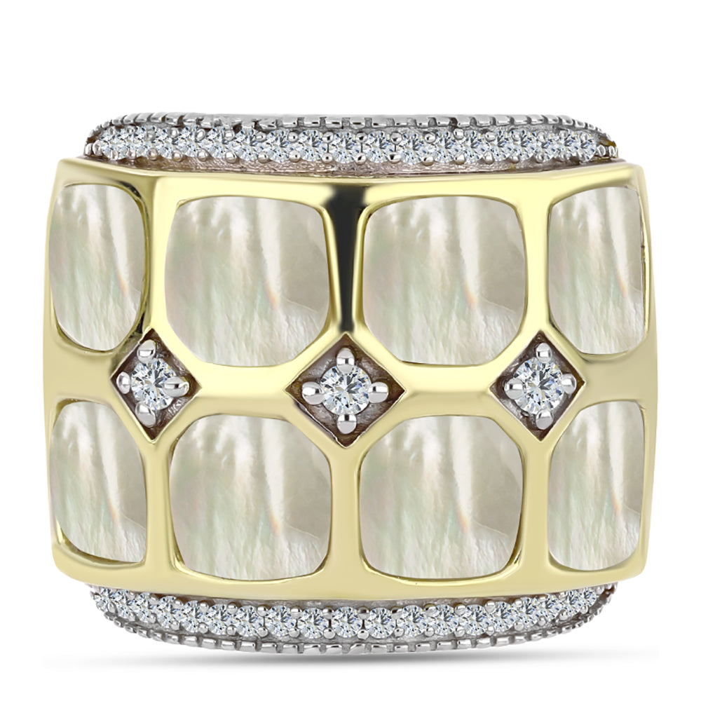 Anillo de Plata Bañada en Oro con Madreperla y Topacio Blanco