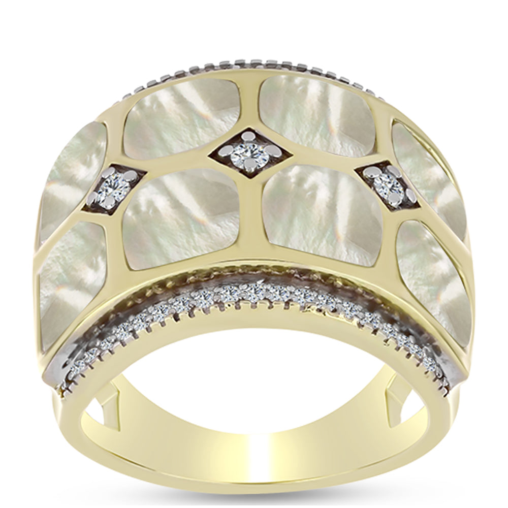 Anillo de Plata Bañada en Oro con Madreperla y Topacio Blanco 3 