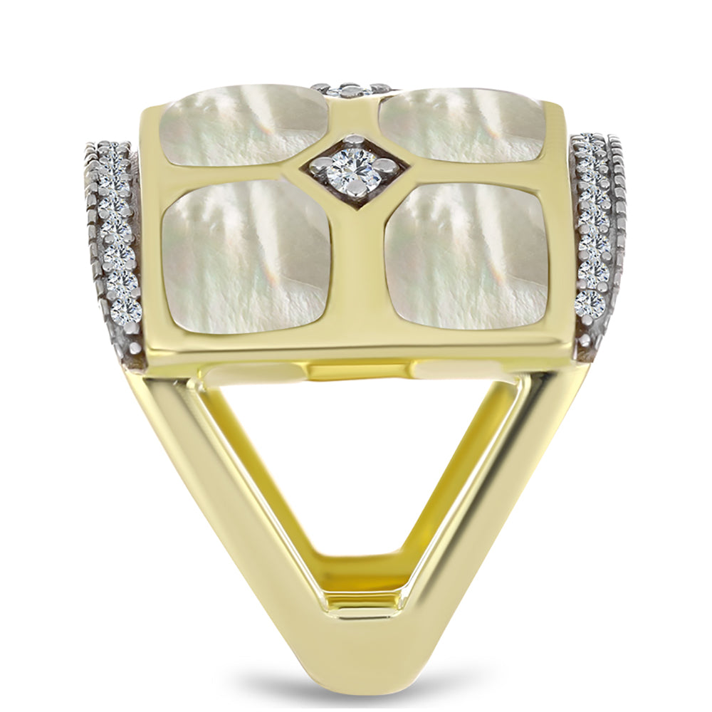 Anillo de Plata Bañada en Oro con Madreperla y Topacio Blanco 4 