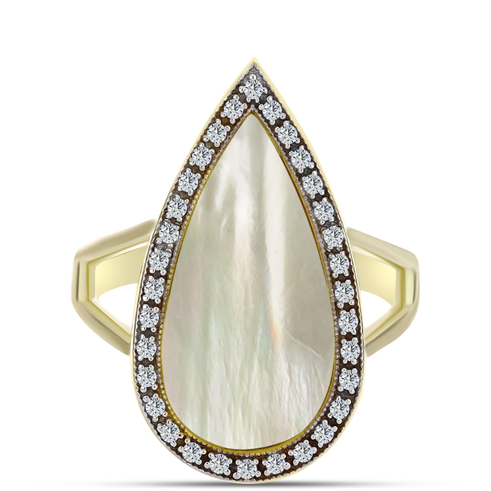 Anillo de Plata Bañada en Oro con Madreperla y Topacio Blanco