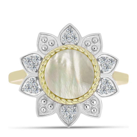 Anillo de Plata Bañada en Oro con Madreperla y Topacio Blanco