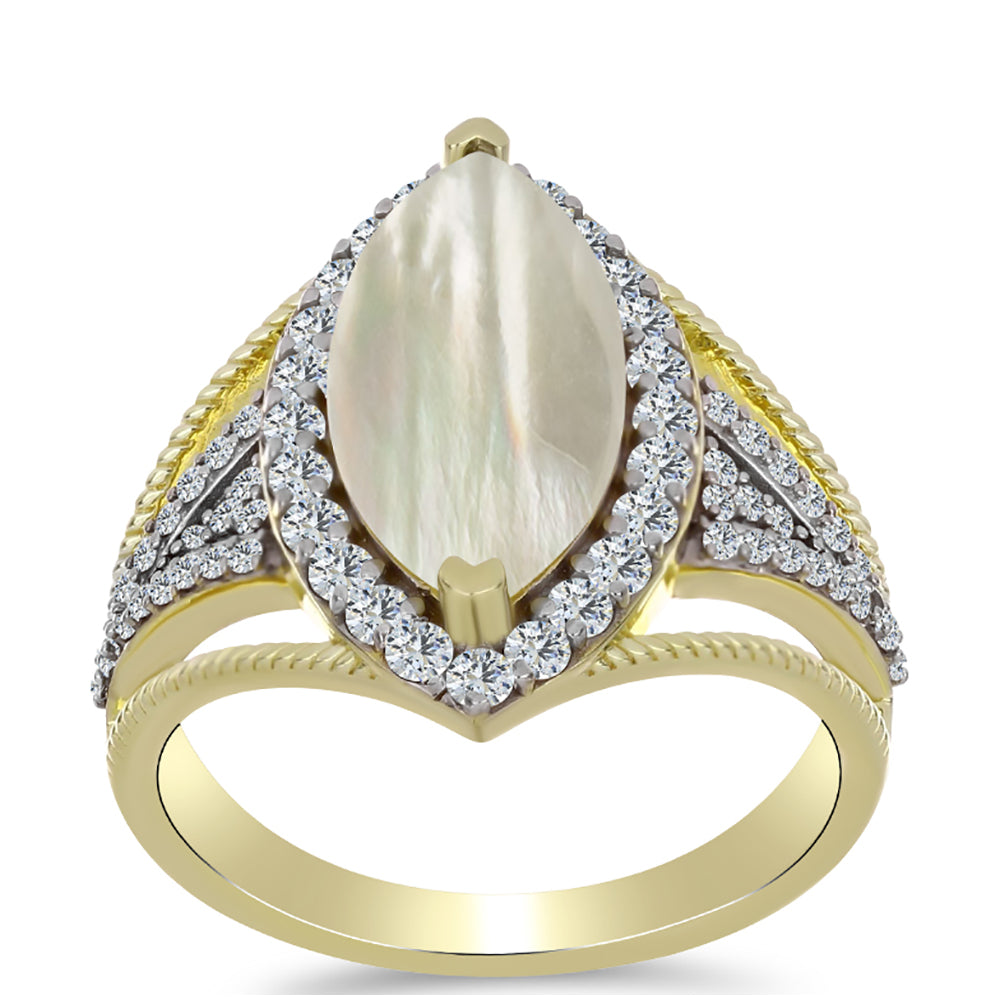 Anillo de Plata Bañada en Oro con Madreperla y Topacio Blanco