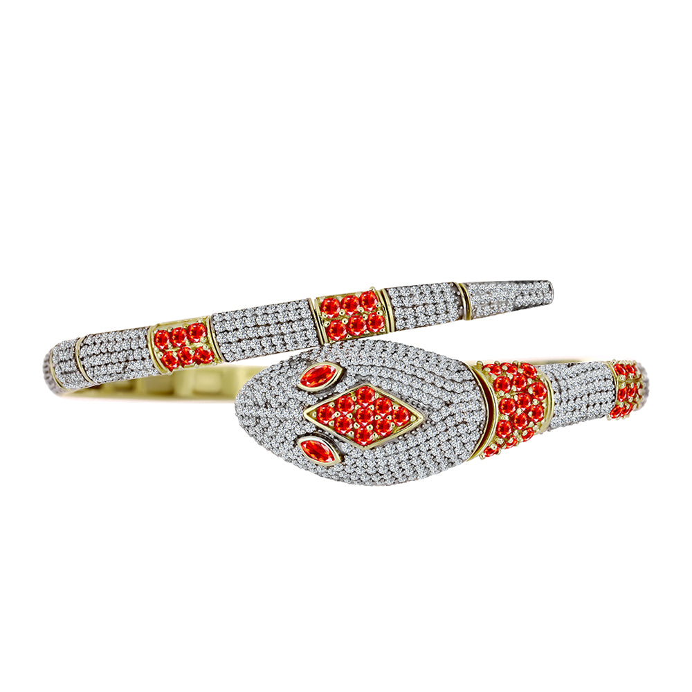 Brazalete de Plata Bañada en Oro con Ópalo Rojo etíope de Lega Dembi y Topacio Blanco 2 