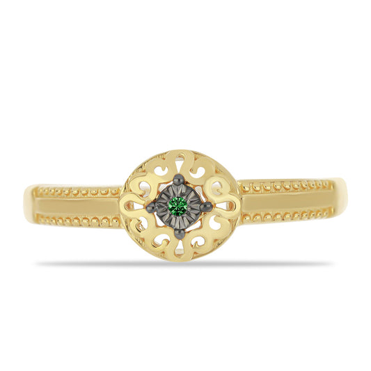 Anillo de Plata Bañada en Oro con Diamante Verde