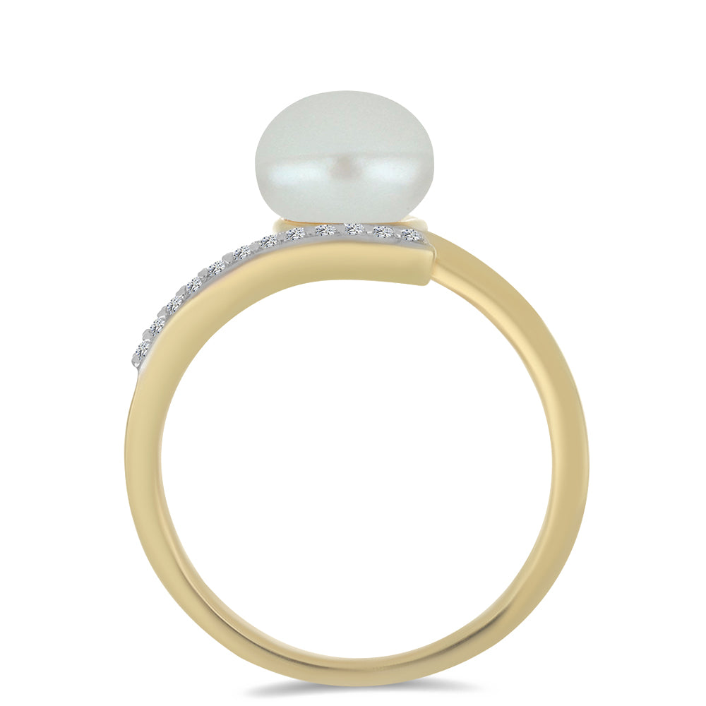Anillo de Plata Bañada en Oro con Perla blanca de agua dulce y Topacio Blanco 2 