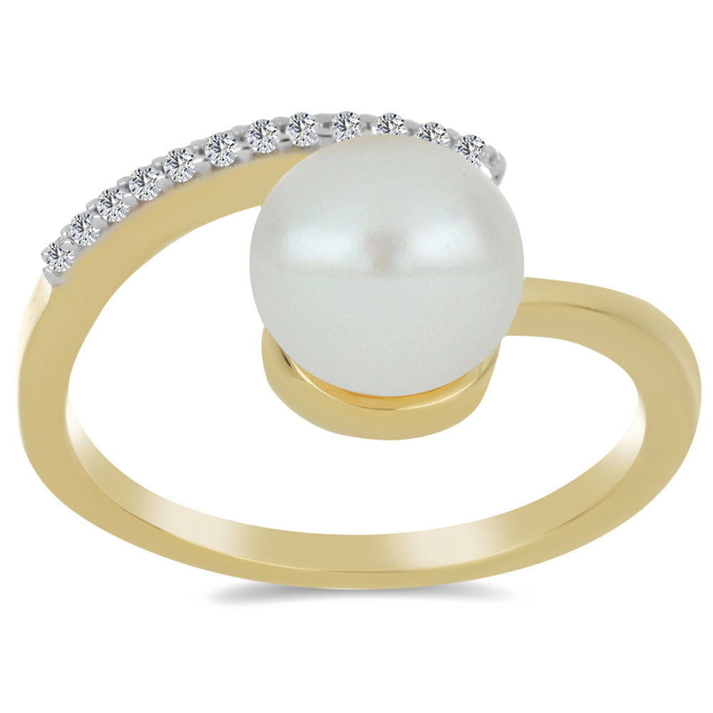 Anillo de Plata Bañada en Oro con Perla blanca de agua dulce y Topacio Blanco 3 
