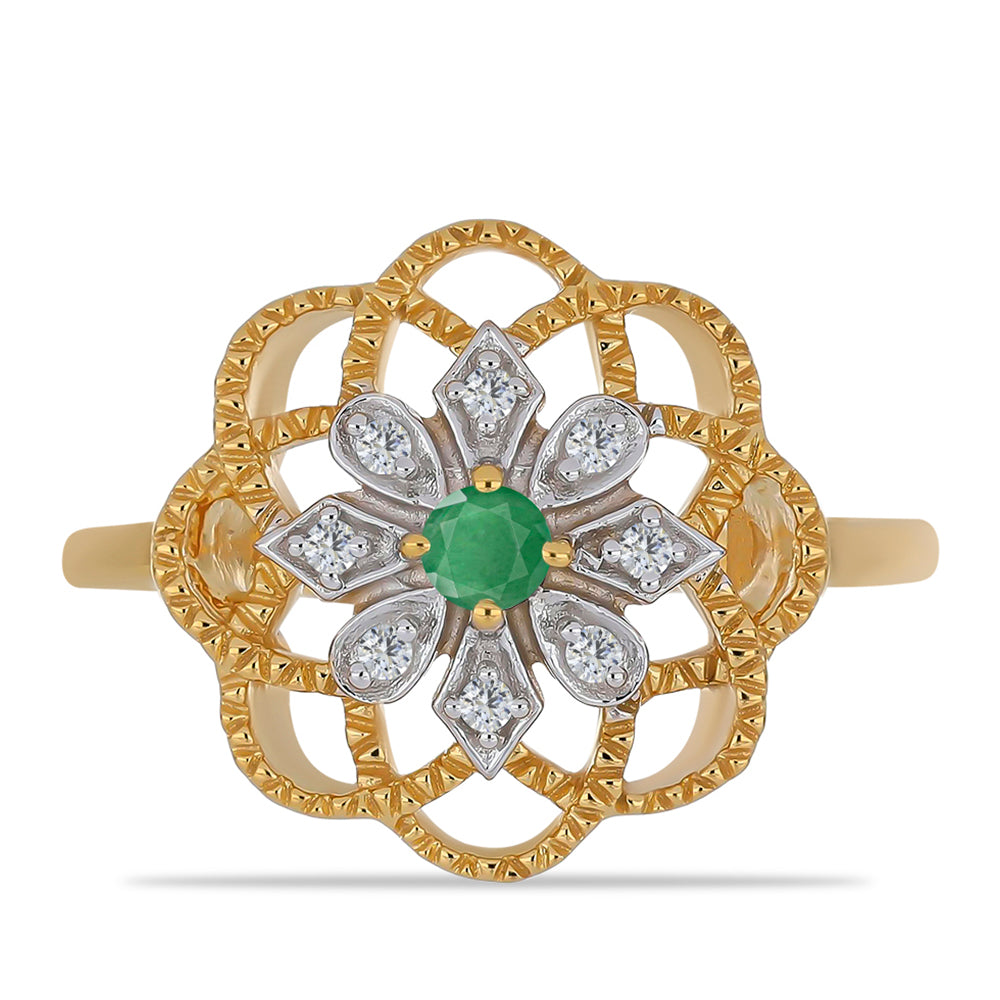 Anillo de Plata Bañada en Oro con Esmeralda de Brasil y Zircón Blanco 1 