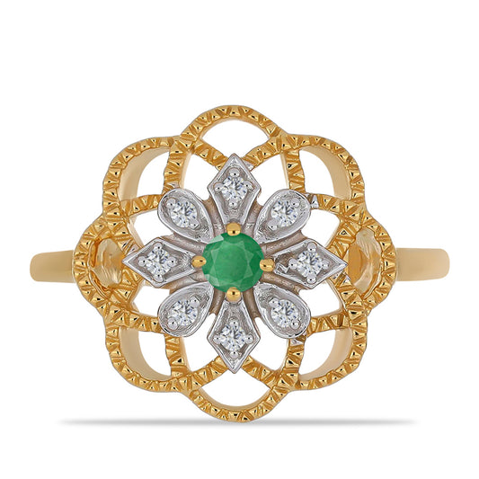 Anillo de Plata Bañada en Oro con Esmeralda de Brasil y Zircón Blanco