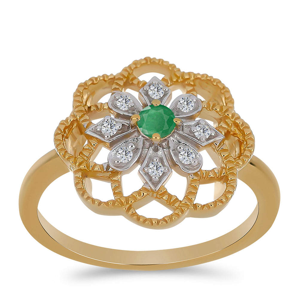 Anillo de Plata Bañada en Oro con Esmeralda de Brasil y Zircón Blanco 3 