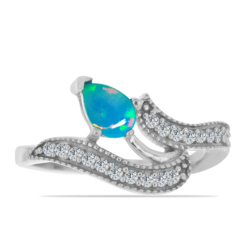 Anillo de Plata con Ópalo Azul de Lega Dembi de Etiopía y Zircón Blanco 1 